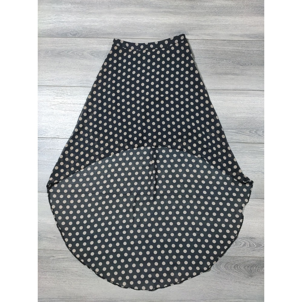 Forever 21 Polka Dot High-Lo Skirt Womens Junior XS Black Tan Midi High Rise